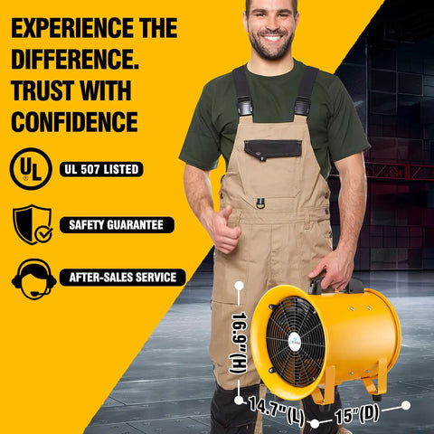Man holding a Portable High Velocity Blower And Fume Extractor For Shop And Garage, Heavy Duty 12 Inch Exhaust Vent Fan With Copper Motor