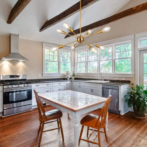 Gold Sputnik Light Fixture With 8 Lights, Modern Brass Chandelier for Dining Room above kitchen table and chairs