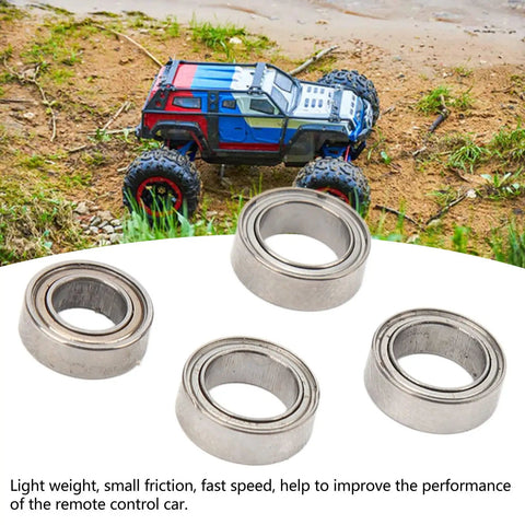 Premium Steel RC Ball Bearings Deliver Slick Low Friction Rolling And Gnarly Track Performance For Tough 1/16 Scale Remote Control Rigs Compatible With Scy Repair Kits on display with RC car background.