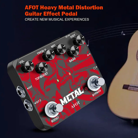 Beefy Metal Distortion Guitar Pedal With True Bypass High Gain Clarity Muff Top Boost Earphone Output for Metalheads shown with guitar