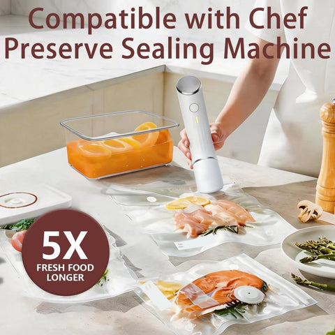 Small Vacuum Sealer Bags Kit With 2 Bonus Clips, 30-Pack 8x10 Inches, BPA-Free demonstrated with sealed food and device on table