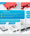 Diagram showing Anderson Quick Connect 120A Red Plug Kit for 2-6 AWG Battery Cables with warnings on connector compatibility.