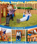 Children playing on cedar wooden swing set with monkey bars, 2-in-1 outdoor table, 6-foot wave slide, climbing wall, telescope, and 2 belt swings.