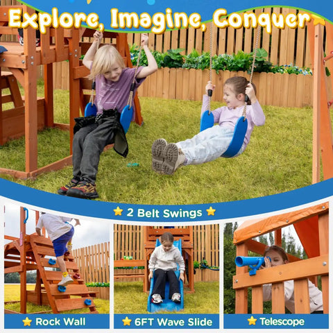 Children playing on cedar wooden swing set with monkey bars, 2-in-1 outdoor table, 6-foot wave slide, climbing wall, telescope, and 2 belt swings.
