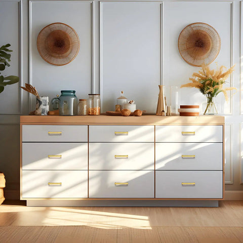 Thirty Pack Square Gold Cabinet Pulls With A Killer Brushed Brass Finish Modern Drawer Handles on a sleek white dresser.