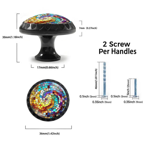 Rainbow Stained Glass Spiral Cabinet Knobs Set Of 4 For Kitchen And Bathroom with two screws and measurements shown