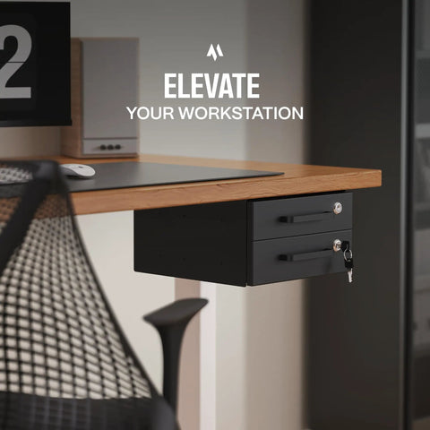 Undermount Under Desk Drawer Slide Out Lockable Metal Storage With Built In Cable Management For Office And Home in matte black.