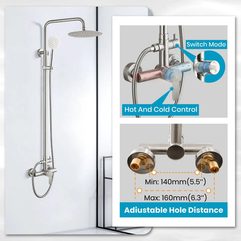 Outdoor Shower System High Pressure Dual Function Wall Mount Rig, SUS304 Stainless Steel, Brushed Nickel, adjustable controls.