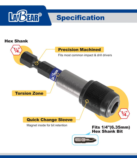 Close-up of Heavy Duty 51 Piece Specialty Driver Bit Set With Rock Solid S2 Steel Construction, featuring 1/4" hex shank and quick change sleeve.