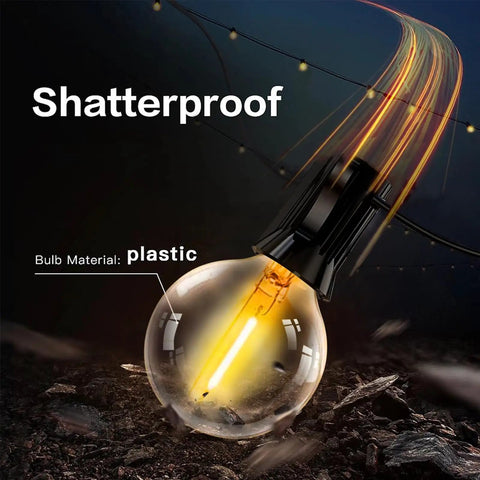 Close-up of Outdoor String Lights 30 Feet With Remote Dimmable Waterproof 27 Shatterproof G40 Globe Bulbs, plastic material