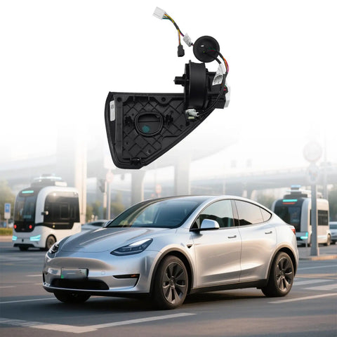 Left Side Charging Port Door Assembly for Tesla Model 3 2017 2023 1525134 00 C on a vehicle background with modern transport.
