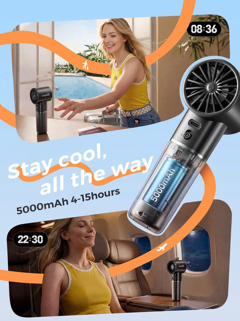 Woman using Handheld Portable Fan With 6 Speeds, Tiny But Mighty Mini Personal Fan, 5000mAh Rechargeable Battery outdoors and indoors
