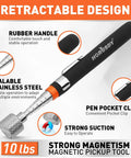 Front view of HORUSDY magnetic pickup tool with extendable stainless-steel segments and black rubber handle.