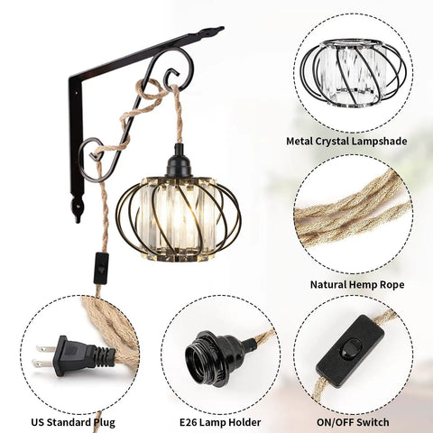 Industrial Pendant Light With Crystal Elements And Plug In Cord, 16.4Ft Hemp Rope Hanging Lamp In Black Cage, lamp details