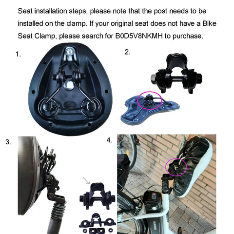 Step-by-step installation guide for Adjustable Mountain Bike Suspension Seat Post Aluminum 300mm Length Fits 25.4mm 27.2mm 28.6mm 31.8mm 33.9mm for Most MTB Road BMX Electric Bikes Comfort Shock Absorption, showcasing seat clamp attachment.