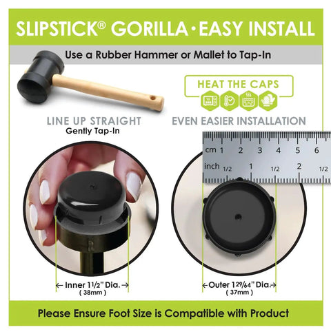 These Dang Tough Nylon Glide Caps For Wrought Iron And Metal Patio Furniture Are Heavy Duty Replacement Floor Protectors That Keep Your Deck Scratch Free And Totally Looking Fresh installation guide with rubber hammer and dimensions.