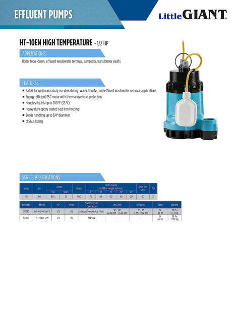 Rock Solid High Temperature Effluent And Boiler Blowdown Pump With Automatic Mechanical Float Switch, 1/2 HP, epoxy coated cast iron, for wastewater removal.