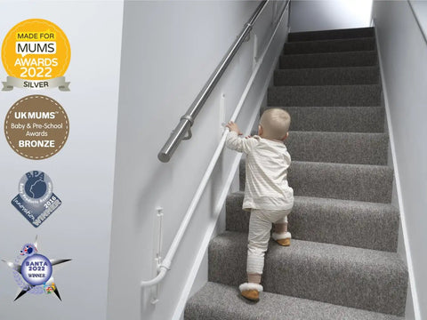 Fully Adjustable Toddler Stair Handrail Built Like A Tank For Little Ones Grows With Your Kid To Deliver Kid Approved Safety and Rock Solid Support Down Each Step Zero Hassle Standard Mount Kit, toddler gripping handrail on stairs.