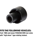 Ford Spindle Nut Socket, 4 Lug, 2-3/4 Inch Outer Diameter, 1/2 Inch Drive, black tool with rotating locknut design for 2WD rear axles