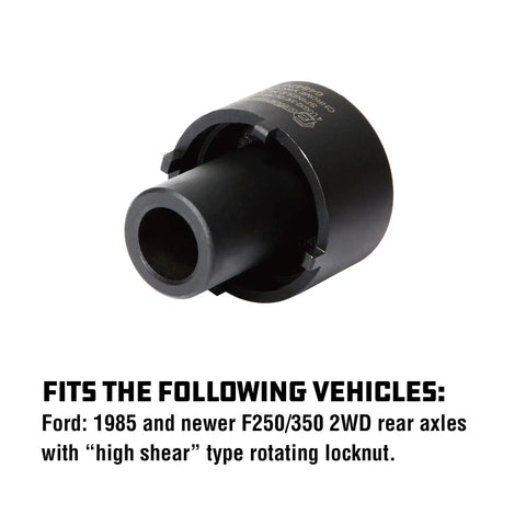 Ford Spindle Nut Socket, 4 Lug, 2-3/4 Inch Outer Diameter, 1/2 Inch Drive, black tool with rotating locknut design for 2WD rear axles