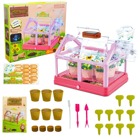 Kid Friendly Plant Growing Kit Greenhouse Set For Diy Terrarium Science with solar panel, drip irrigation, and accessories