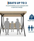 Three Seat Outdoor Patio Swing Chair With Adjustable Canopy And Armrests Breathable Textilene Seat And Back Comfortable Swing Bench For Garden Poolside Or Backyard 3 Person Seating Beige.