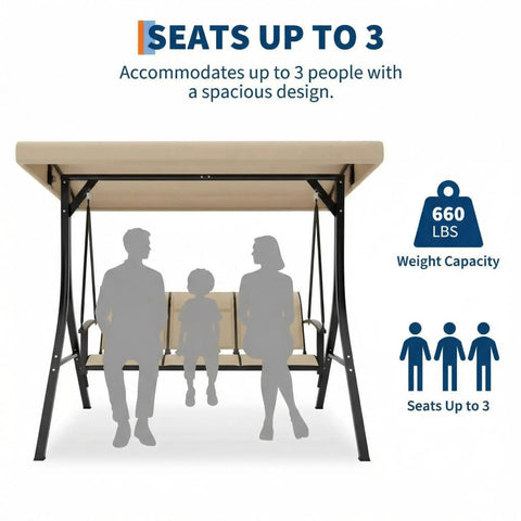 Three Seat Outdoor Patio Swing Chair With Adjustable Canopy And Armrests Breathable Textilene Seat And Back Comfortable Swing Bench For Garden Poolside Or Backyard 3 Person Seating Beige.