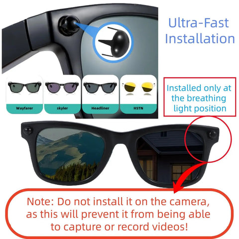 Installation guide for LED Light Blocking Stickers on smart glasses, showing proper placement on Ray-Ban Meta Wayfarer.