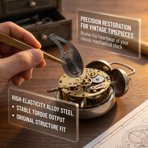 Person using Vintage Wind Up Clock Mainspring Repair Kit, 6 Piece Mechanical Spring Replacement Set on old timepiece