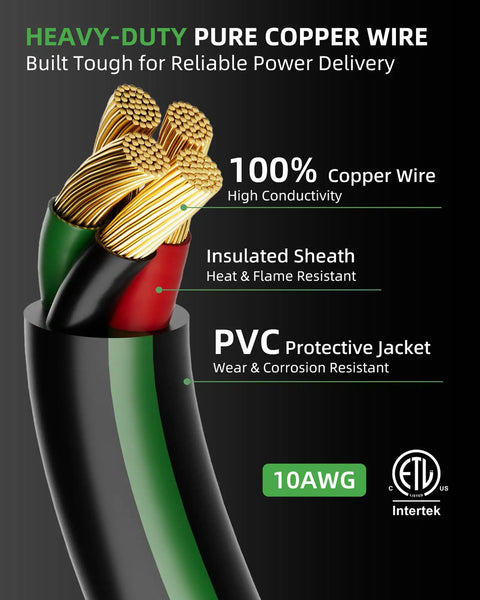 Cross-section of Heavy Duty 30 Amp 4 Prong Dryer And EV Extension Cord 25 Feet NEMA 14-30P To 14-30R 125V And 250V with copper wires
