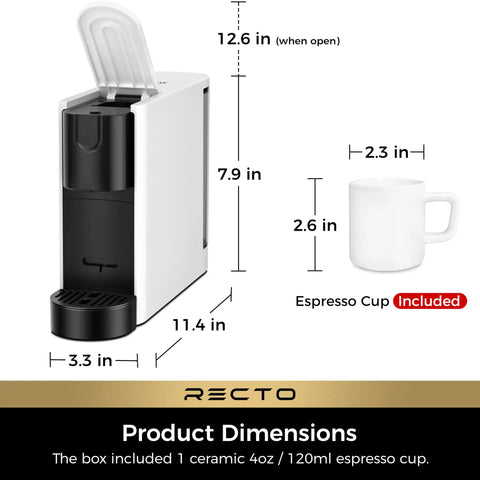 RectoCafé Espresso Machine For Nespresso Original Capsule Pods 20 Bar Professional Italian Pump Tiny But Mighty Ultra Mini Coffee Maker For Home And Office Space Saving White Finish with dimensions