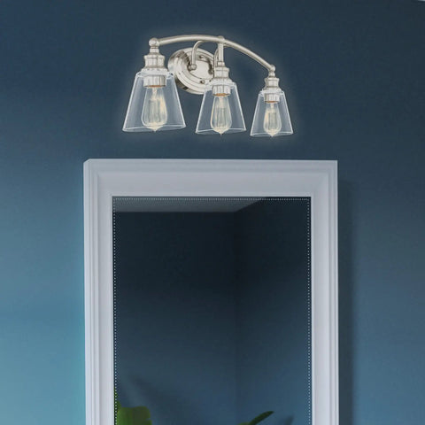Sottile Vanity Light In Brushed Nickel Three Light Bar For Bathrooms Dimmable With Dimming Compatible Bulbs installed above mirror