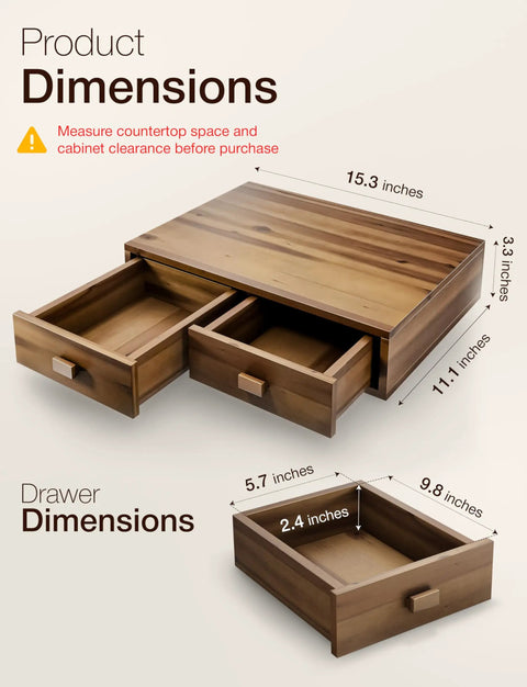 Acacia Wood Dual Drawer Coffee Pod Storage Organizer For K Cup And Nespresso Pods Walnut Finish dimensions illustration