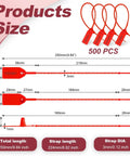 Massive 500 Piece Plastic Tamper Seals For Fire Extinguishers With Numbered Tags And Zip Ties, Red 9.8 Inch Long Self Locking Safety Tags, Disposable Security Signage Pack, detailed size dimensions shown.