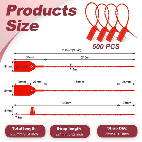 Massive 500 Piece Plastic Tamper Seals For Fire Extinguishers With Numbered Tags And Zip Ties, Red 9.8 Inch Long Self Locking Safety Tags, Disposable Security Signage Pack, detailed size dimensions shown.