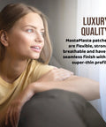 Woman in a yellow shirt looking out a window with text describing MastaPlasta patches as luxury quality.