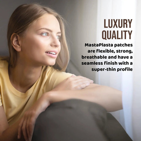 Woman in a yellow shirt looking out a window with text describing MastaPlasta patches as luxury quality.