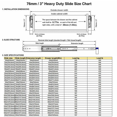 Tough As Nails Heavy Duty Drawer Slides With Lock For Pickup Trucks Side Mount 3 Fold Design 485 Lb Load Rating Built For Tool Boxes Truck Bed Storage RV Compartments And Industrial Cabinets 76mm size chart