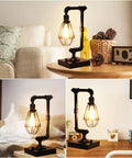 Industrial Table Lamp With Stepless Dimming Knob Control And Edison Pipe Design, USB A And USB C Charging Ports, Bulb Included