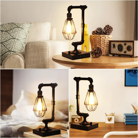 Industrial Table Lamp With Stepless Dimming Knob Control And Edison Pipe Design, USB A And USB C Charging Ports, Bulb Included