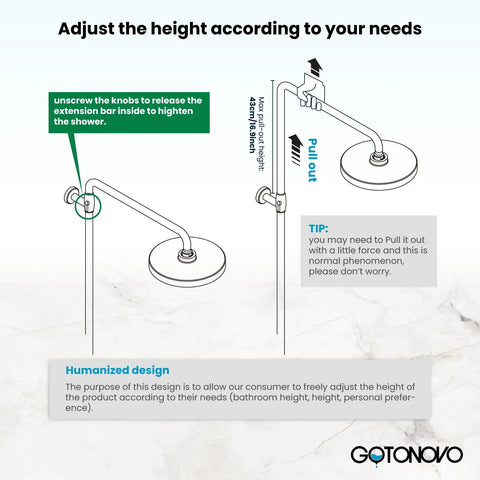 Diagram showing adjustable height feature of Oil Rubbed Bronze Shower Faucet Set With 8-Inch Rainfall Head, Handheld Sprayer.