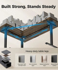 Underside view of Agilestic L-Shape Standing Desk 63 Inch Electric Height Adjustable Sit Stand Corner Computer Table with strong steel legs.