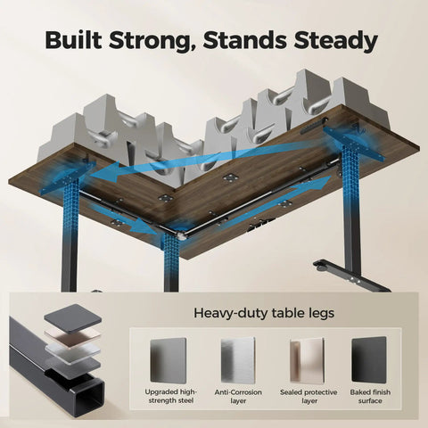 Underside view of Agilestic L-Shape Standing Desk 63 Inch Electric Height Adjustable Sit Stand Corner Computer Table with strong steel legs.