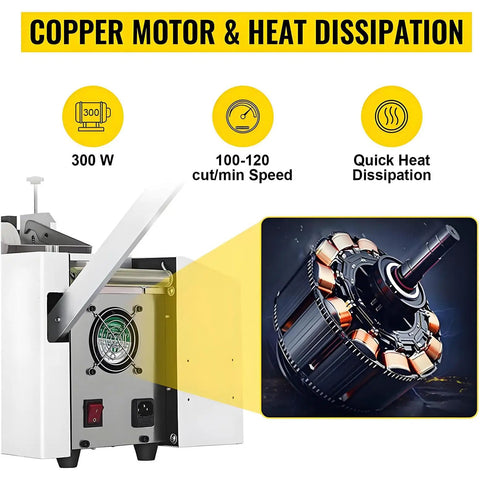Essential Auto Electric PVC Heat Shrink Tube Cutter showing 300W copper motor, fast cutting speed, and efficient heat dissipation.