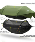 3 In 1 Camping Hammock Tent With Mosquito Net And Rain Fly shown with green rainfly and black mosquito mesh.