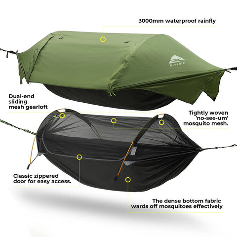 3 In 1 Camping Hammock Tent With Mosquito Net And Rain Fly shown with green rainfly and black mosquito mesh.