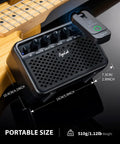 Mini Guitar Amp 5W Portable Practice Amplifier With Clean And Drive Two Channel Effects Bluetooth Speaker Headphone Jack Rechargeable Battery shown with a guitar