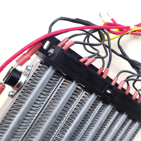 Heavy Duty PTC Ceramic Air Heater Blasts Out Kickin Heat For 4000W Rapid Whole Room Warming And Big Workshop Jobs With Insulated Surface Shield Safe Built Tough Design Fits 300 By 152 Millimeters close-up of heating element wiring and fins.