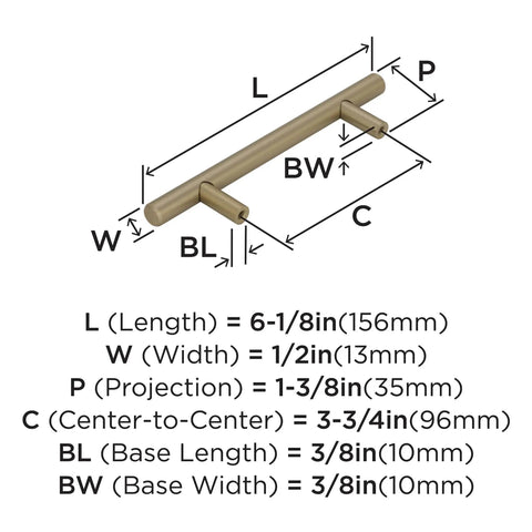 Diagram of Bar Pulls Three Quarter Inch Center To Center Golden Champagne Cabinet Pulls For Cabinets And Drawers Dimensions