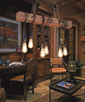 Rustic Farmhouse Chandelier For Dining Room Industrial Pendant Light With Six E26 Bulb Sockets Adjustable Suspension Hanging Fixture With Switches Vintage Warm Glow in wood and metal over cozy living space